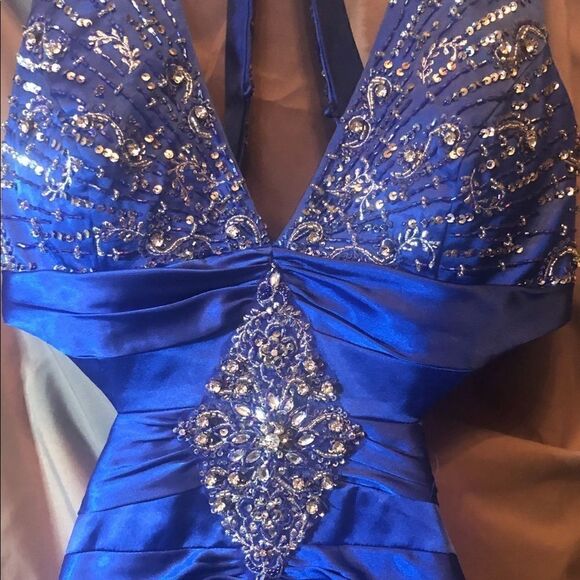 Precious formals blue halter side cut out backless dress w embellished beading. - Picture 3 of 12